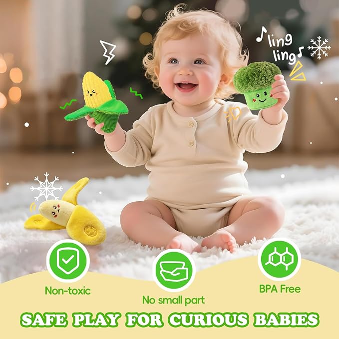 SAIMAND Baby Toys 6-12 Months,16PCS Montessori Plush Sensory Play Food Gift | Color Sorting Fruit & Vegetable Sensory Toys for Babies, Soft Play Food with Crinkle & Rattle,Gifts for 1-Year-Old Boys&Girls