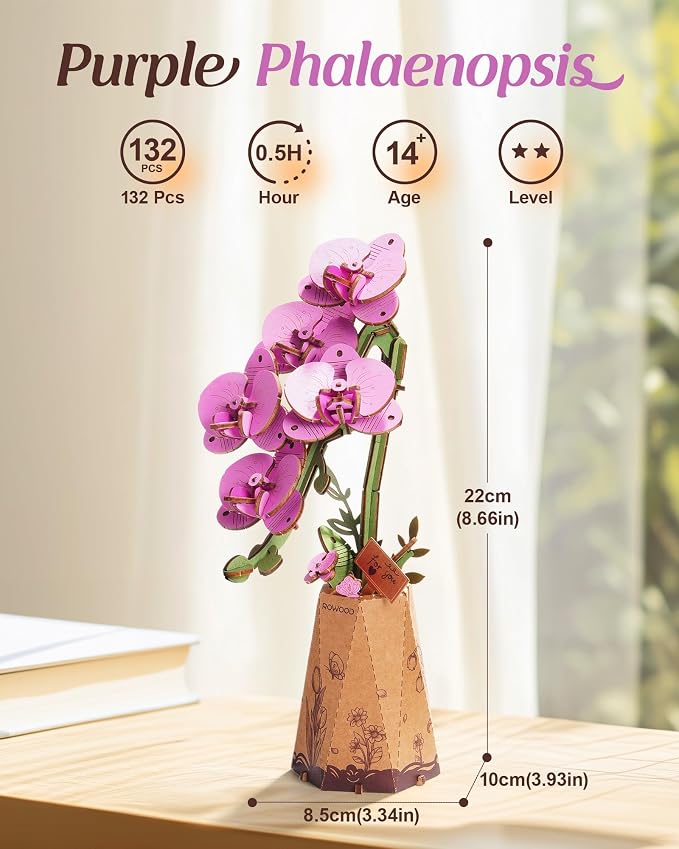 rowood 3D Wooden Puzzles for Adults,DIY Artifical Flower Botanical Collection Building Craft Kit,Mother's Day/Valentine's Day/Teacher's Day Purple Moth Orchid