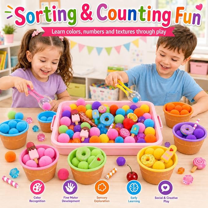 Cinrobiye 234 Pcs Ice Cream Sensory Bin Fillers Summer Sweet Treat Dessert Sensory Bin Items Filler Fine Set with Tools Storage Box Pompoms for School Home Activities Sorting Counting Decor
