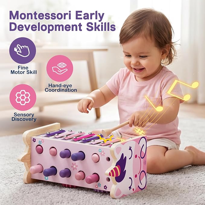 Wooden Montessori Toys for 1 Year Old, 1st Birthday Gift for Girls 1-3 | Pounding Hammering Toy with Xylophone, Toddler Learning Toy, Pink Unicorn Design, Educational Musical Baby Toy 12-18 mouth