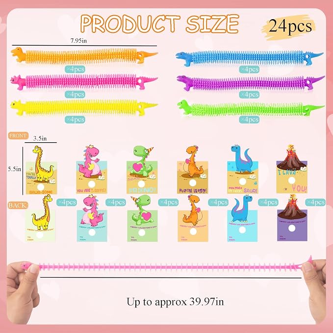 Valentines Day Cards for Kids - 24Pcs Dinosaur Cards With Glow in Dark Stretchy String Sensory Fidget Toys for Party Favors, Classroom Exchange Gifts, School Supplies