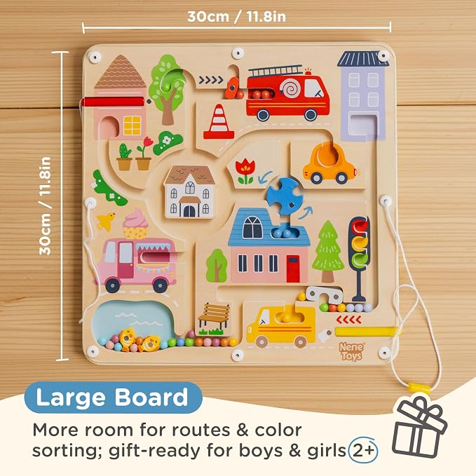 Nene Toys Magnetic Maze Board – Toddler Travel Toy 2+ – Montessori Busy Board Alternative – Bead Maze Puzzle with Tethered Stylus – Quiet Car/Plane Activity – Fine Motor Skills, Hand-Eye Coordination