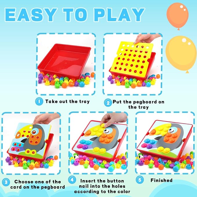 Button Art Pegboard for Toddlers - 12 Pics & 46 Buttons, Gift 3+ | 7.8'' x 7.8'' pegboard with toucan theme. Builds fine motor skills, color matching & creativity. Perfect early learning gift