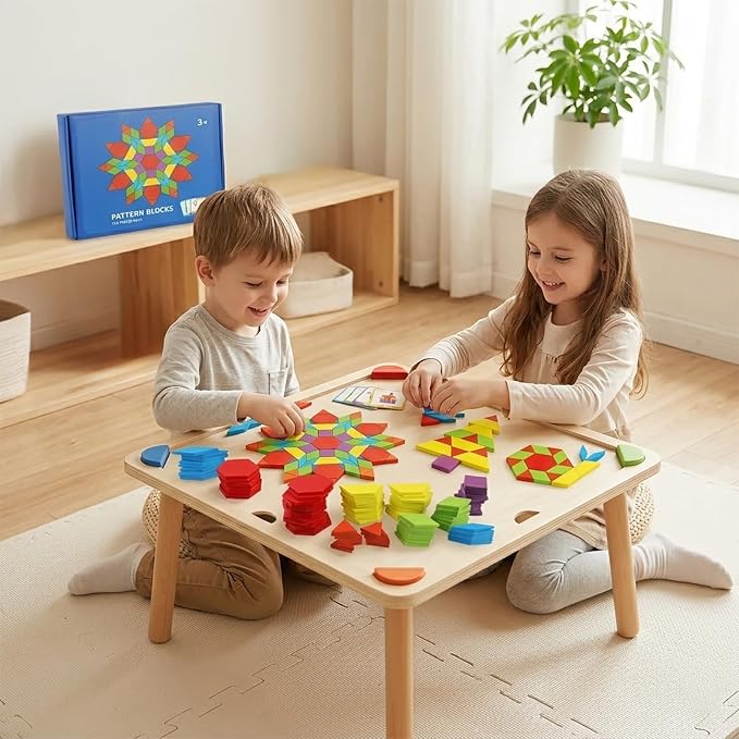 155 Pcs Wooden Pattern Blocks Set - Geometric Shape Puzzle for Kindergarten - Classic Educational Montessori Tangram Toys with 24 Design Cards for Kids Ages 3-8