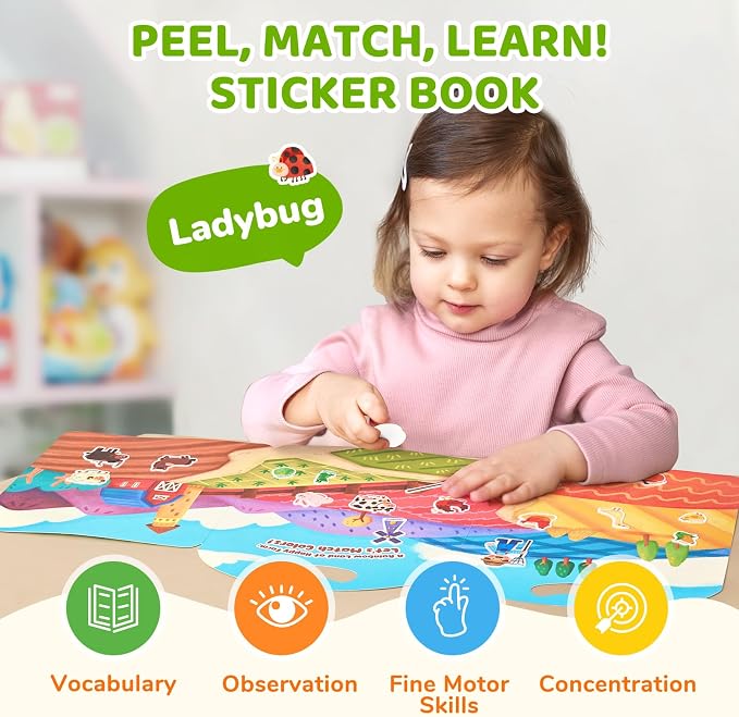 JoyCat Reusable Farm Animal Sticker Book, Travel Toys for Toddlers & Kids | Washable stickers make a kids' activity book for car, airplane and road trips; educational birthday gifts for boys and girls.