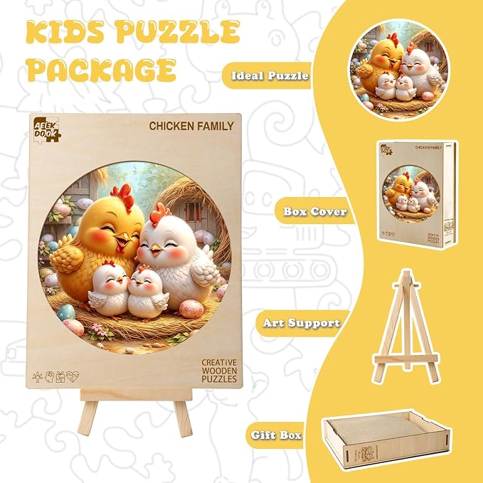Animal Wooden Puzzles for Kids Ages 6-8 - Chicken Family | 50 Piece Puzzles for Kids Ages 6-8, Kids Puzzle with Unique Shapes, Round Puzzles for Girls and Boys (11.4 * 11.4 in)