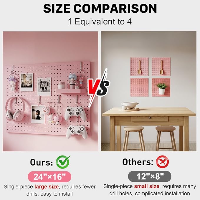 Peg Board, 2 Pack Metal Pegboard Panels Pink Pegboards Wall Organizer with Frame Large Heavy Duty Peg Board with Hooks for Walls Home,Garage Tool Storage,Office Organization,Kitchen 24”×16”