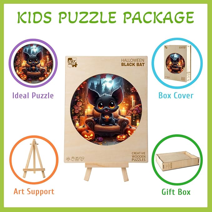 Holiday Wooden Puzzles for Kids - Halloween Black Bat | 50 Piece Puzzles for Kids Ages 4-6 - Kids Puzzle with Unique Animal Shapes - Round Puzzles for Boys and Girls (11.4 * 11.4in)