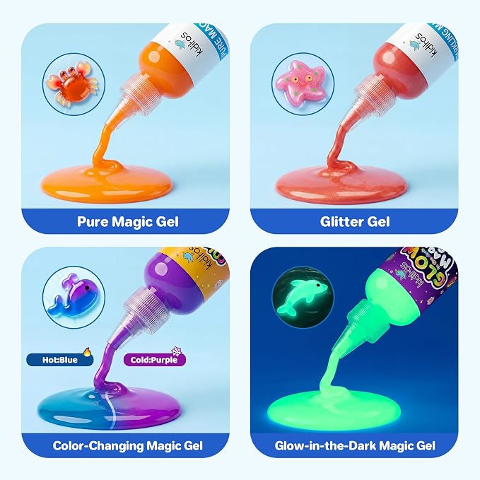 Kiditos Magic Water Elf Toy Kit,Squishies for Kids, DIY Sensory Craft Kit | 20 Gels & 10 Molds, Glow in the Dark & Color Changing Gel Water Pets Aqua Fairy, Party Favors & Summer Gifts for Kids Ages 3+