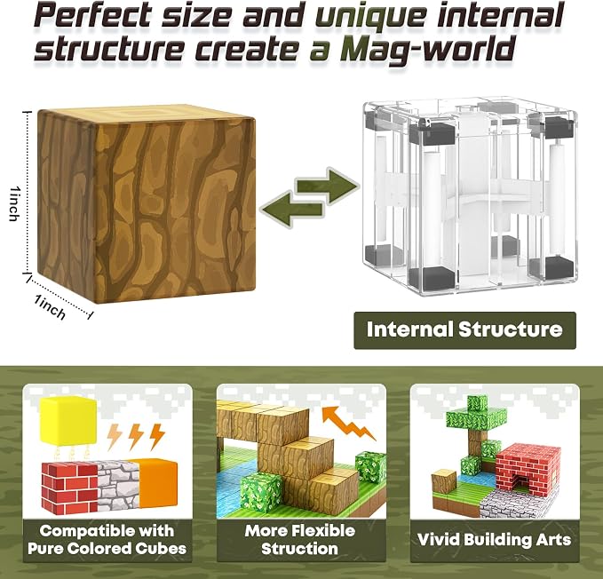 150PCS 1“ Magnetic Blocks Toys for Boys Kids, Mine Magnet World Forest Set | Sensory STEM Building Cubes for Kids, Ideal Construction Creative Toy Set, Birthday Gift for Toddler Boys Girls Ages 4-8 8-12