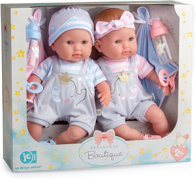 Berenguer Boutique 30050 TWINS- 15” Soft Body Baby Dolls - 12 Piece Gift Set with Open/Close Eyes- Perfect for Children 2+