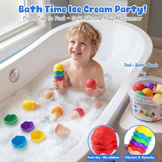 NEOROD Ice Cream Toys for Toddlers 1-5, Montessori Counting Manipulatives | 6 Cones & 42 Scoops Math Color Sorting Set, Fine Motor Stacking Game with Storage Container, Safe Rubber Sensory Play