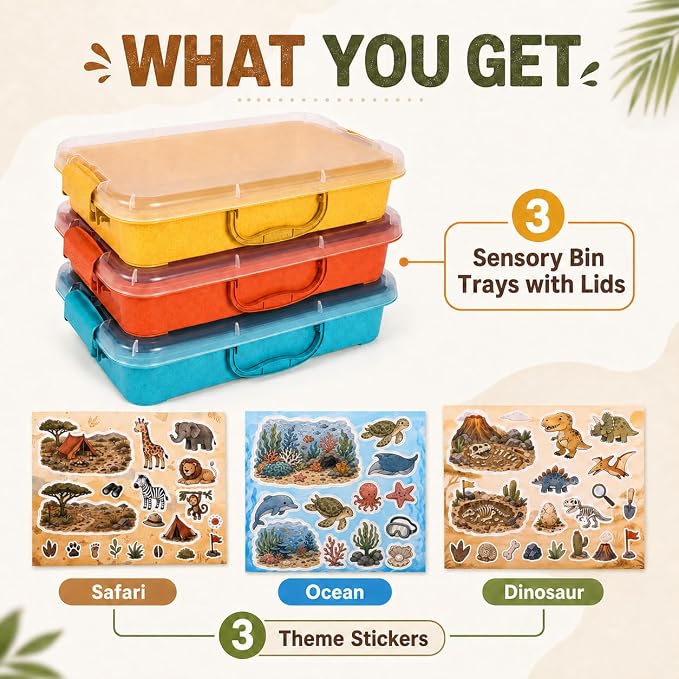 FIIOEOY 3 Pack 4 Qt Sensory Bin with Lid & 3 Stickers,Stackable Sensory Bin | Wheat Straw, Portable Sandbox, Organizers for Toys, Sand, Arts, Crafts, (Yellow, Orange, Blue)