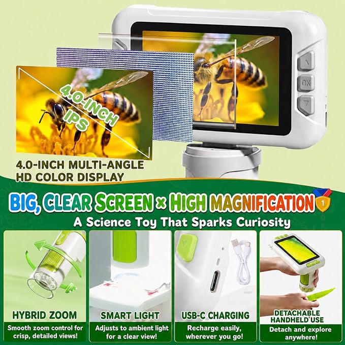 1600X Microscope for Kids, 4K 4.0" Digital Screen Kids Microscopes with Slides Kit, Handheld Microscope, Science Kits for Kids, STEM Toys for Christmas Birthday Gifts for 3-14 Girls Boys Child (Green)