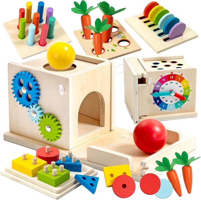 Nene Toys 7-in-1 Montessori Toy for 1 Year Old Baby – Wooden Activity Cube with Carrot Harvest, Shape Sorter & Stacking, Coin Box, Ball Drop, Gears & Clock – Gift for Toddler Boys & Girls 1 2 3 Years