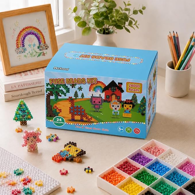 Meland Fuse Beads Kit, 5MM 24000 Beads in 24 Colors,Craft Gift for Age 5-12 | Includes 6 pegboards and craft accessories for colorful patterns, keychains and screen-free creative projects