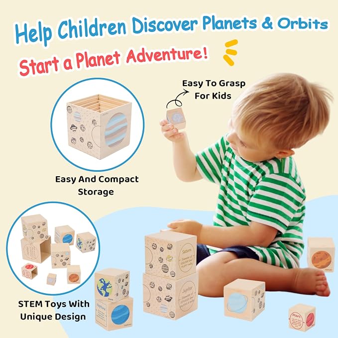 Wooden Solar System Nesting & Stacking Blocks, Planets Toy for Kids 3-5 | Montessori Space Toy,Sorting & Stacking Boxes,Preschool Educational Science Toy for Toddlers Boys & Girls (8 Planets)