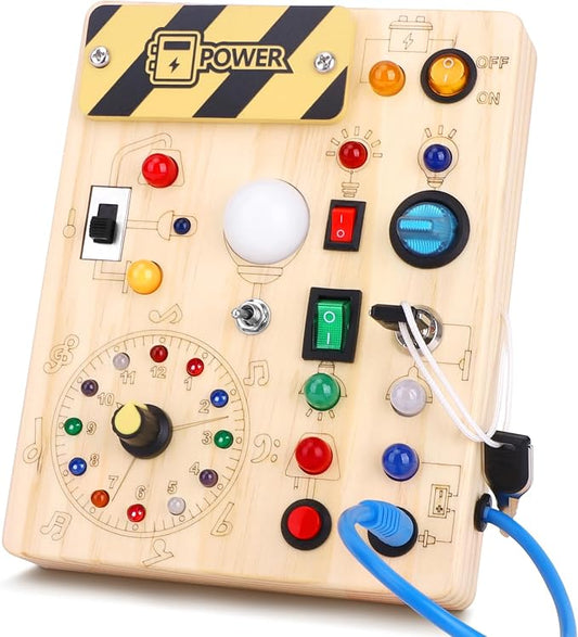 Montessori Toys Clock Wooden Busy Board with 11 LED Light switches, Tooddler Sensory Travel Toys for 1+ Year Old Baby and Toddler