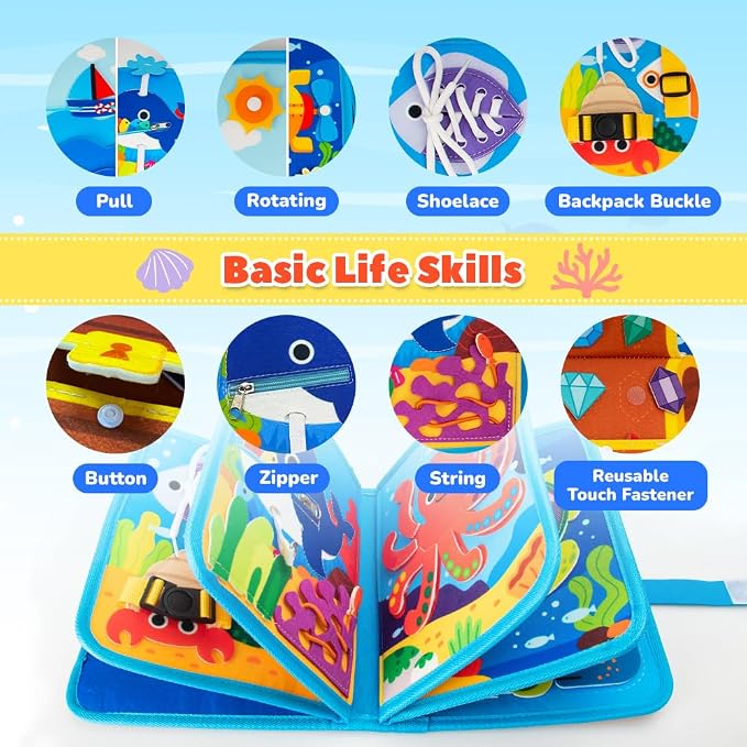 Toddler-Busy-Board, 10-Page Ocean Busy-Book, Learning Sensory-Board-Toys | Educational Quiet Activity Book with Sea Animals & Life Skills, Baby Book Sensory Fine Motor Toy for Airplane Car Travel Toys