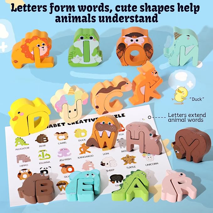 52 Pieces Matching Game, Wooden Alphabet Animal Puzzles for Toddlers, ABC Peg Puzzles for Kids Ages 3-5, Preschool Learning Activities Toys