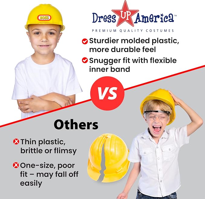 Dress Up America Kids Construction Hard Hat – Adjustable Yellow Helmet for Toddlers – Realistic Play Hat for Costumes & Dress-Up