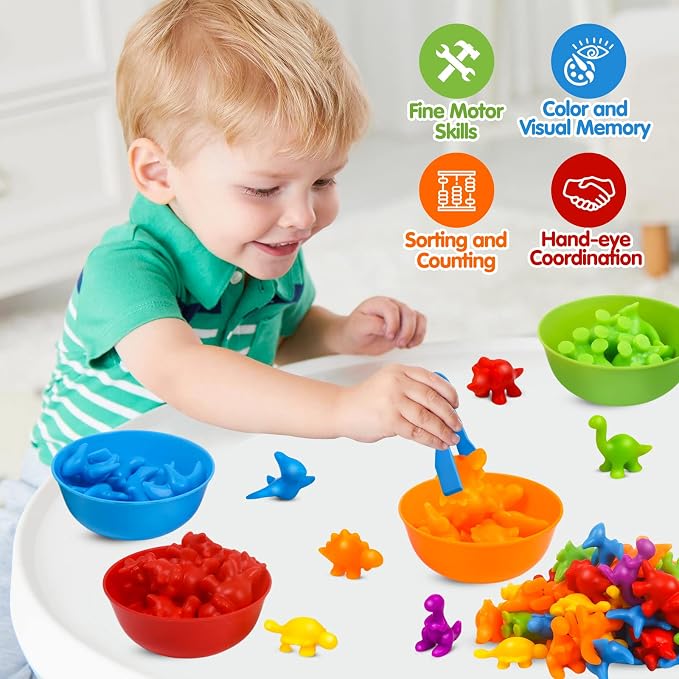 GKDOMS Counting Dinosaurs Toys Matching Game with Sorting Bowls Preschool Learning Activities Montessori Sensory Toys for Math Color Sorting, Party Favors Birthday Gift for Toddlers