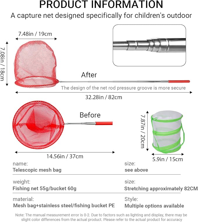 3 Pack Kids Telescopic Butterfly Fishing Net Set Extendable Anti Slip Bug Catching Kit with Box Cage Stickers Outdoor Toys