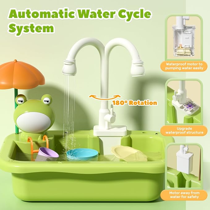 CUTE STONE Play Sink with Running Water, Kitchen Sink Toys with Upgraded Electric Faucet, Play Kitchen Toy Accessories, Pool Floating Fishing Toys for Water Play, Kids Role Play Dishwasher Toy
