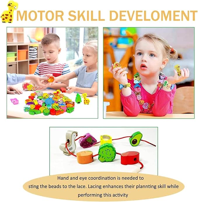 46 PCS Montessori Wooden Lacing Beads Toys for Toddlers,Educational Stringing Animals Fruits Farm Threading Beads Preschool Learning Toys for Kids 3 4 5 6 Year Old Boys Girls…