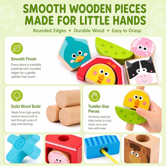 hahaland Montessori Toy for 1+ Year Old, Wooden Farm Stacking Sorting Toy | Toddler Puzzle Activity with Lacing Beads, Shape Cards & Brain Blocks, Learning Gift for Boys Girls 12+ Month