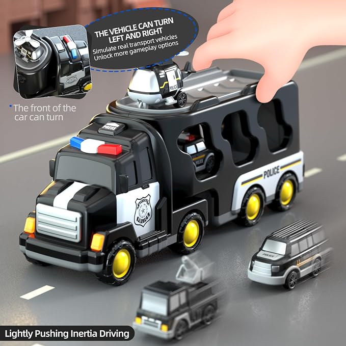 Beby Buty 5 in 1 Police Trucks Cars Toys for Toddlers 3-5, Boy Toddler Car Truck Toys with Light Sound, Birthday Gifts Toys for 3 4 5 6 Year Old Boy, Transport Carrier Truck for Toddlers 3-5 Years