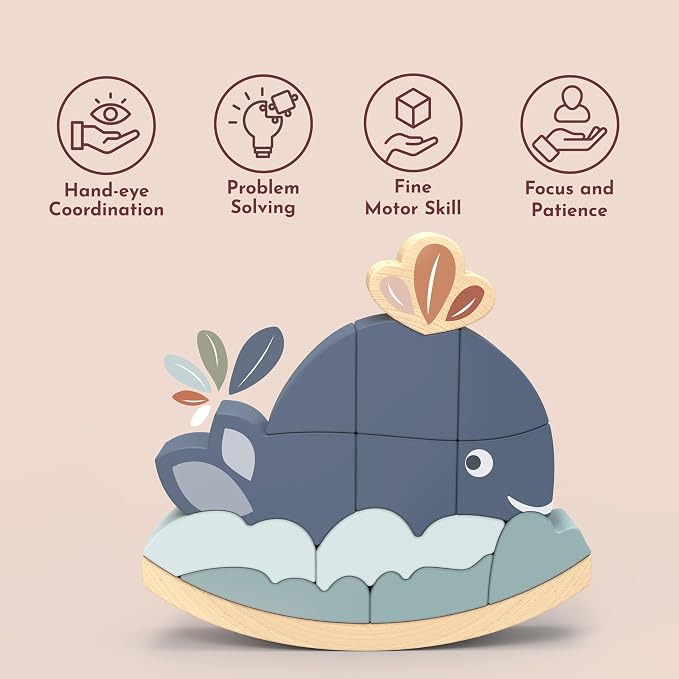 Rocking Stacker – Whale Balance Game, 13 Wooden Pieces, Fun Skill Challenge for Family, Develops Hand-Eye Coordination, Fine Motor Skills, Non-Toxic Paint, for Kids 2-6 Years | 13 pieces, whale rocker, sorting & stacking toys, balance toys, montessori ...