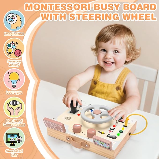 Joyreal Montessori Toddler Busy Board - Montessori Toys for 1 2 3 Years Old | Wooden Sensory Board with LED Lights, Steering Wheel, Music Player, Travel Toys for 1+ Year Old Boy & Girl Birthday Gift