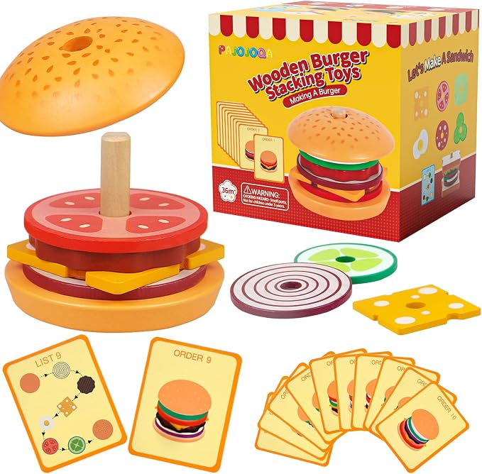 Wooden Burger Stacking Toys Montessori Toys For Toddlers Preschool Education Activity Board Game Early-Education Matching Speed Race Pretend Toy Food Back To School (Burger)
