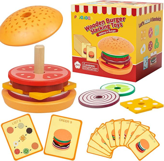 Wooden Burger Stacking Toys Montessori Toys For Toddlers Preschool Education Activity Board Game Early-Education Matching Speed Race Pretend Toy Food Back To School (Burger)