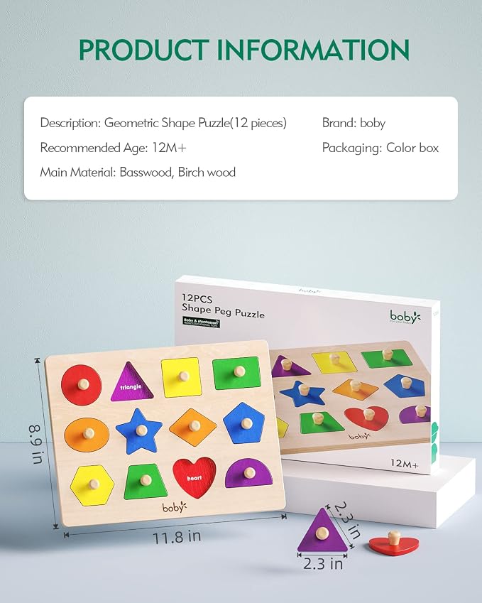 boby Wooden Shape Peg Puzzle - 12 Geometric Shapes Early Learning Toy for Toddlers, Preschool Educational Shape & Color Sorter with Knobs, Montessori Fine Motor Skill Toy for 1-3 Year Old Boys & Girls