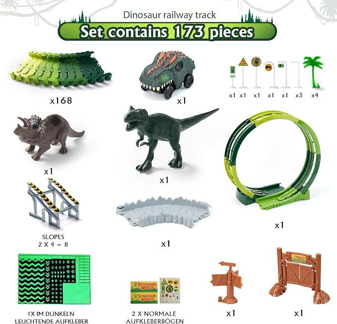 Coroiesty 173 PCS Dinosaur Race Tracks for Kids Toys with 360° Loop Ramp | Glow in The Dark Magic Toy Set, 1 Dino Car Track, 2 Realistic Dinosaurs, Flexible DIY Track Set, Gift for Boys Girls Age 3-9
