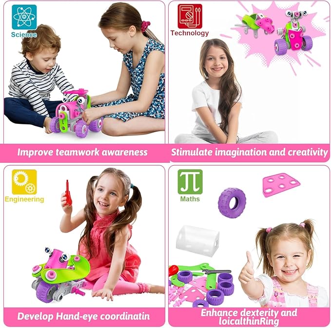 Tsomtto Educational STEM Toys for 4 5 6 7 8+ Year Old Girl Birthday Gifts | Pink Building Toys Stem Kits Activities for Kids Ages 4-8 5-7 8-10 Construction Toys for Girls 4-6 6-8 Creative Games