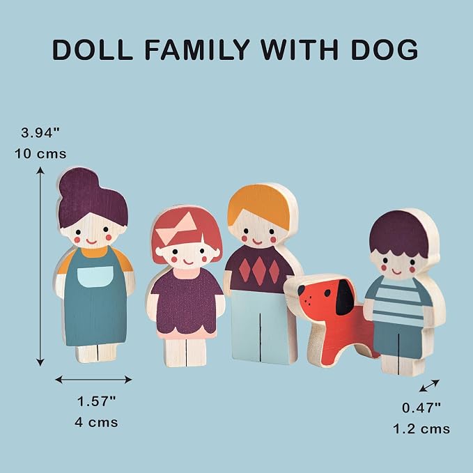 Mentari Toys - Doll Family with Dog - 5pc Solid Wood Doll Set with Playful Pup - Perfectly Sized for Pockets and Little Hands - Encourages Imaginative Play and Social Skills - Age 12m+