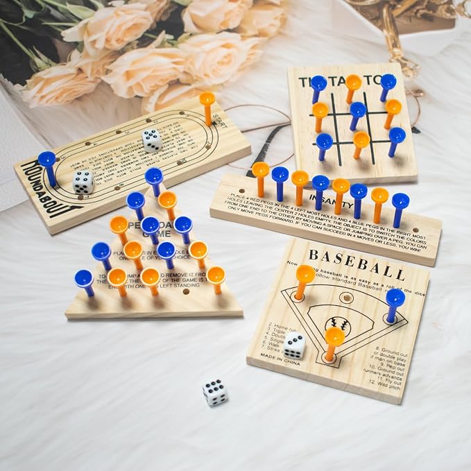 Wooden Peg Games Assortment Kit, 5 PCS Fun Brain Strategy Toy | Travel Funny Games for Teens and Adults, Including Baseball, Tic-Tac-Toe, Insanity, Peg-Board-Game, Roundabout