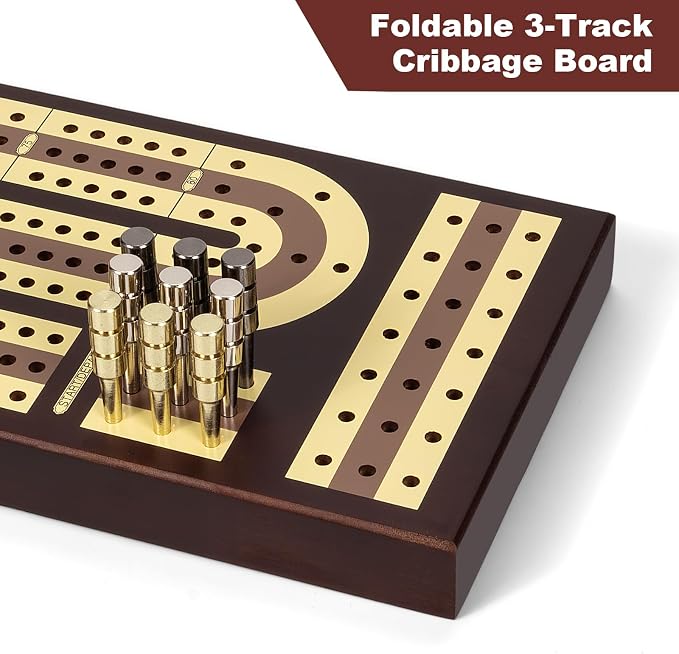 ESENHARBER Foldable Wooden Cribbage Board Set - Elegant 3-Track Design with Magnetic Closure, 9 Metal Pegs, Full Deck of Cards, Perfect for Family Game Nights and Travel