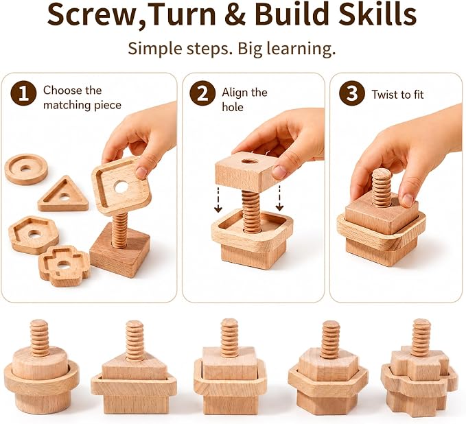 Wooden Screw and Nut Playset for Kids Ages 3,4,5，Montessori Shape Sorting Toy, Lacing Beads, Preschoolers Activities, Building Construction Screw Matching, for Boys Girls