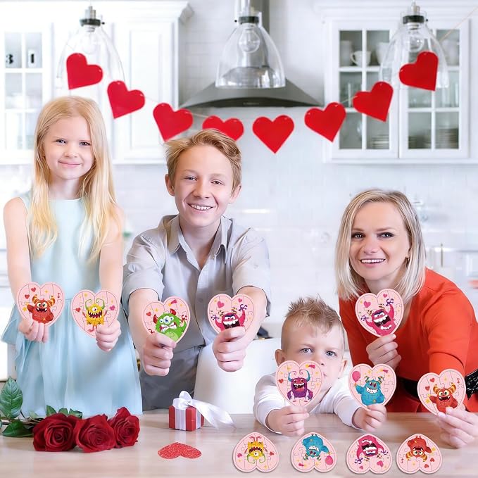 Fennoral 24 Pack Valentines Day Gifts for Kids Classroom Color Your Own Heart Monster Jigsaw Puzzles with Card DIY Coloring Valentine's Day Craft Kit Art Activities Valentines Party Favor Supplies