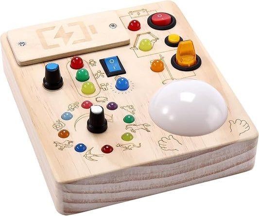 Toddler Busy Board ,Montessori Toy with Tap Light ,6.9"x5.9" Wooden Busy Board with LED Traffic Light for Kids , Travel Sensory Toys for 1+ Year Old baby Christmas/Birthday Gift(Battery Not Included)