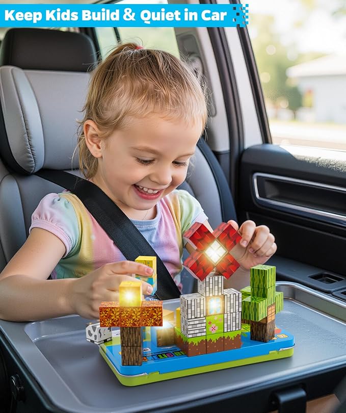 Magnetic Blocks 45 pcs Travel Toys with Light-Up Cube, Forest | Travel Essentials for Airplane, Road Trip & Camping, Gift for 3-8 Year Old Boys & Girl, STEM Learning Toy for Toddlers & Kids