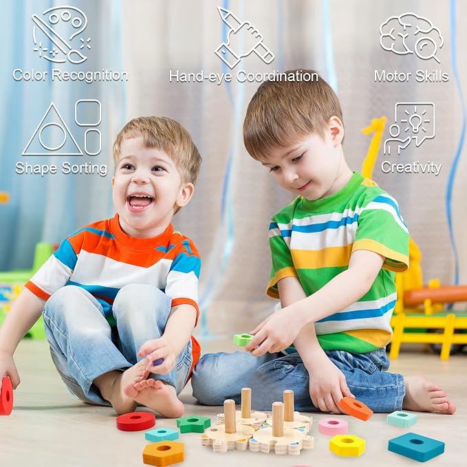WOOD CITY Montessori Wooden Stacking Toy for Toddlers, Detachable Turtle Shape Sorter with Color & Size Recognition, Early Learning Educational Gift Develops Hand-Eye Coordination & Spatial Awareness