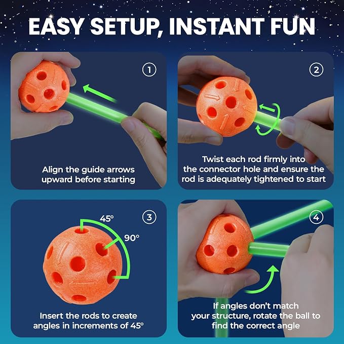 Tiny Land Glow Fort Building Kit for Kids Ages 4-12, STEM Building Toy | 86 Glow-in-the-Dark Rods & 44 Balls, Builds Forts, Tunnels & Castles, Indoor/Outdoor Play, Storage Bag, STEM Gift for Kids