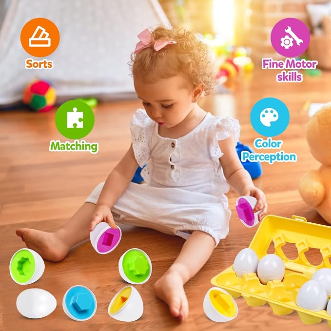 Montessori Geometric Eggs,12 pcs Set Color & Shape Egg Puzzle Toys Matching Eggs for Toddlers,Preschool Educational Sorting Game Fine Motor Toy Easter Gifts for Kids Boys Girls