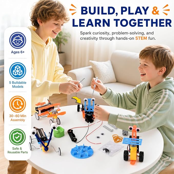STEM Kits for Kids Ages 6-12, 5-in-1 Robot Building Science Kit for Boys Girls, DIY Robotics Engineering Projects, Educational STEM Toys, Birthday for Kids Age 6 7 8 9 10 11 12