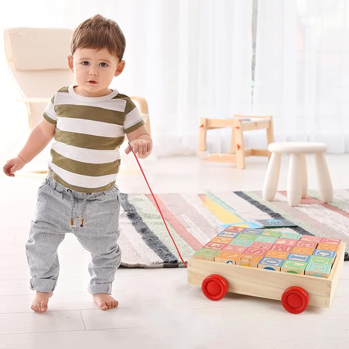 Wooden Building Blocks, Large Wood Stacking Blocks Set for Kids, 30 PCS Alphabet Blocks with Toy Wagon, Educational Wooden Toys for Boys Girls Gifts 1.65"